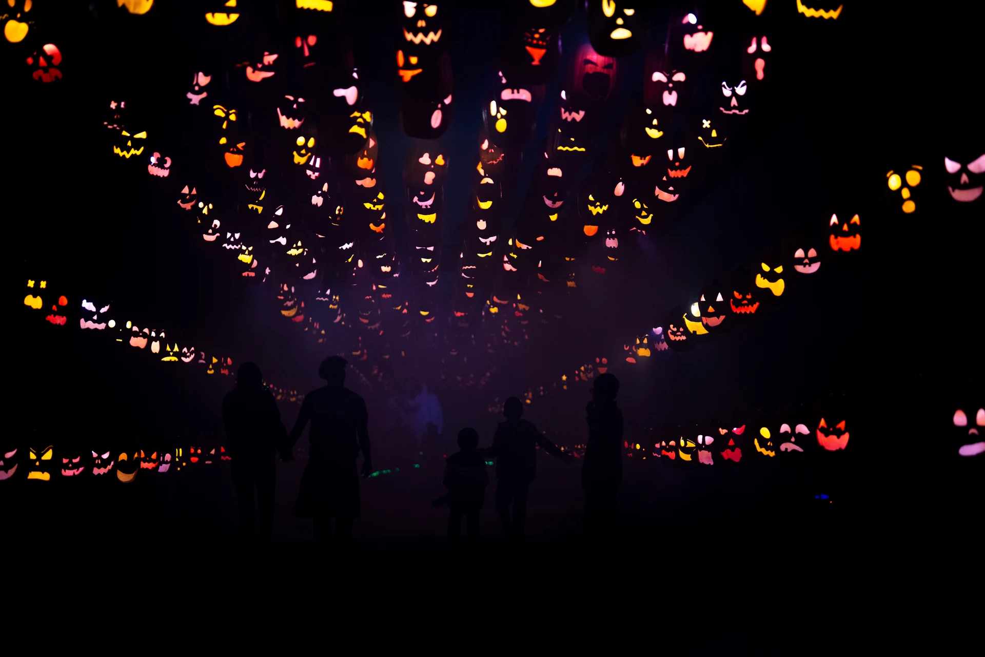 Family walking beneath rows of glowing jack-o'-lanterns
